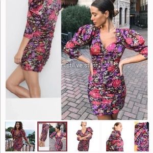 Zara floral satin ruched mini dress